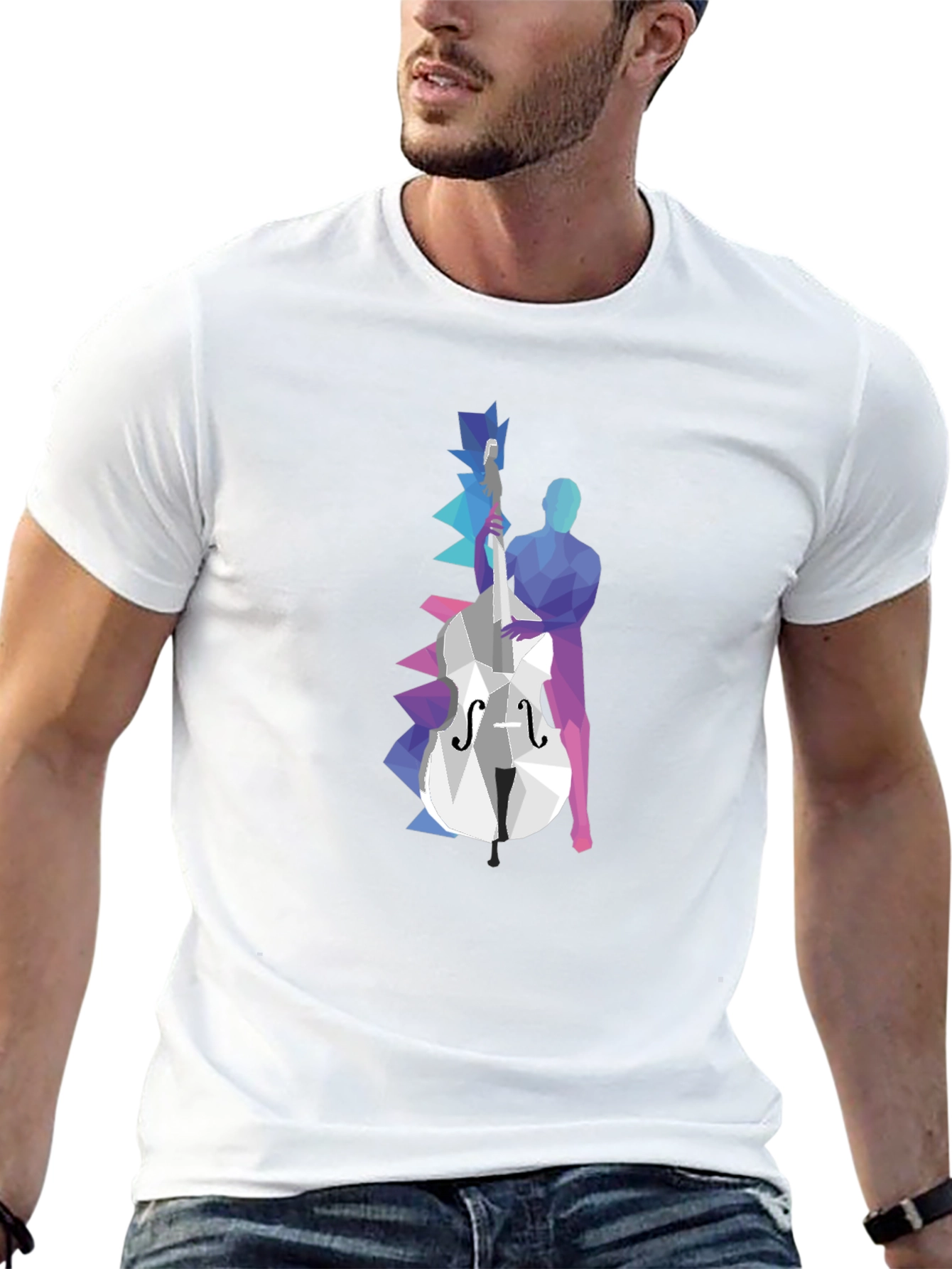 Geometric Bass Player Graphic Tee - Modern Art Shirt