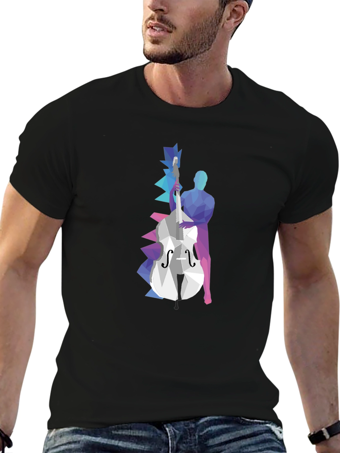Geometric Bass Player Graphic Tee - Modern Art Shirt