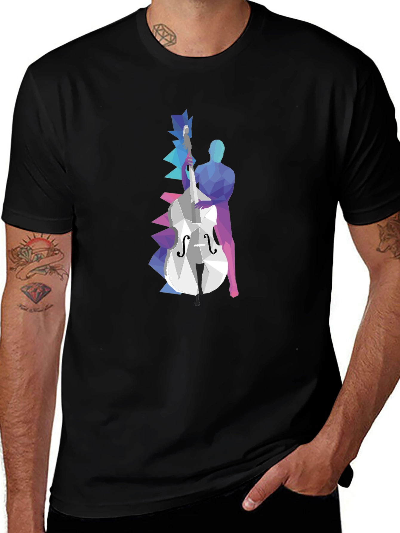 Geometric Bass Player Graphic Tee - Modern Art Shirt