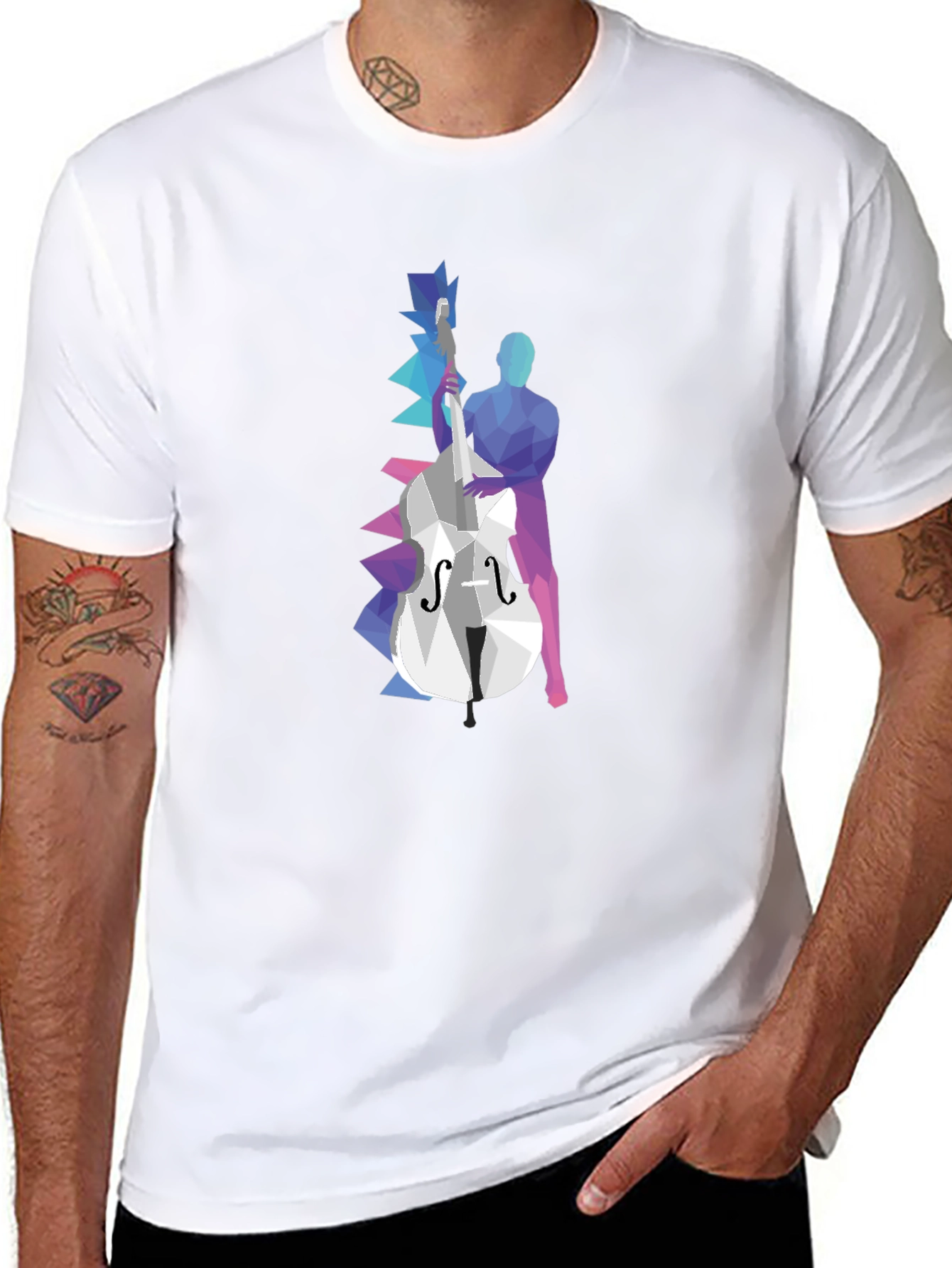 Geometric Bass Player Graphic Tee - Modern Art Shirt