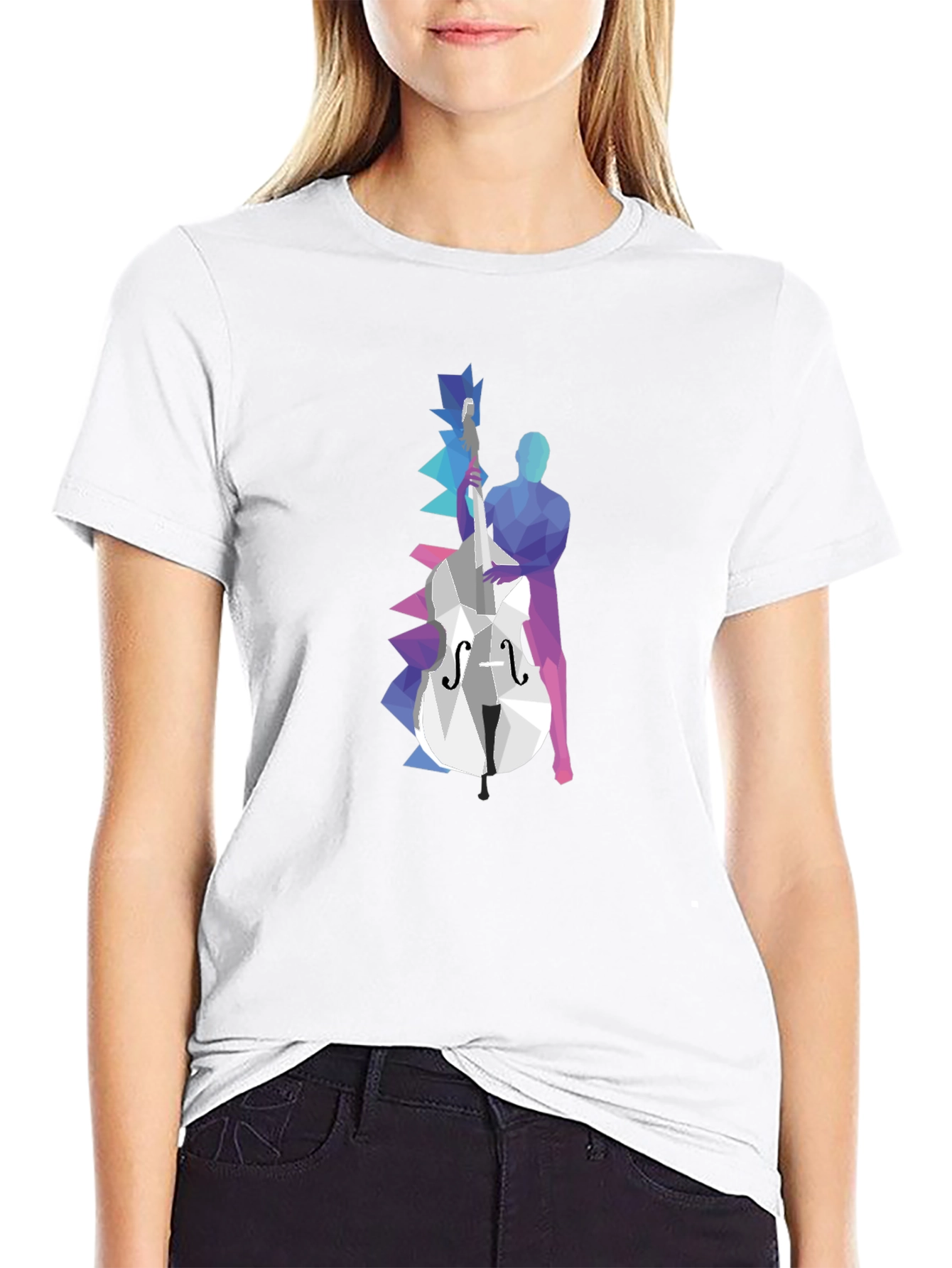 Geometric Bass Player Graphic Tee - Modern Art Shirt