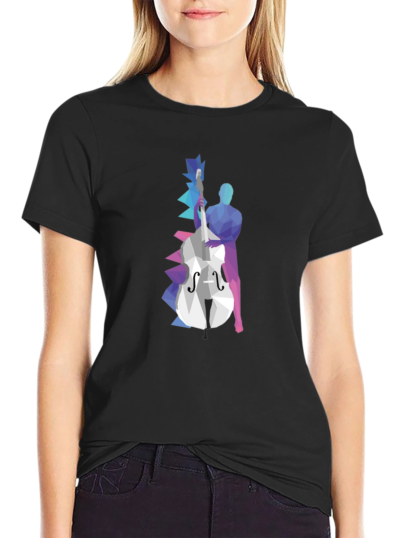 Geometric Bass Player Graphic Tee - Modern Art Shirt