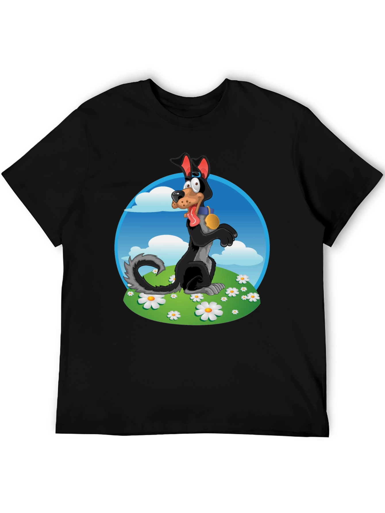 Cartoon Dog Graphic Tee - Black Cotton Blend