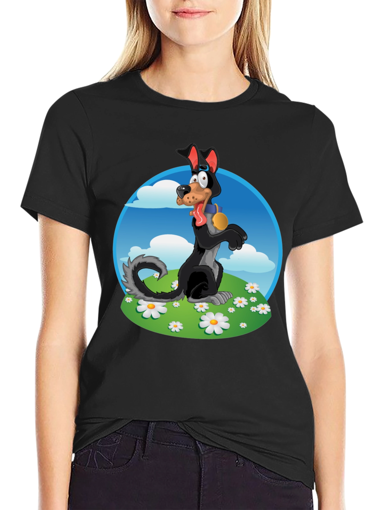 Cartoon Dog Graphic Tee - Black Cotton Blend