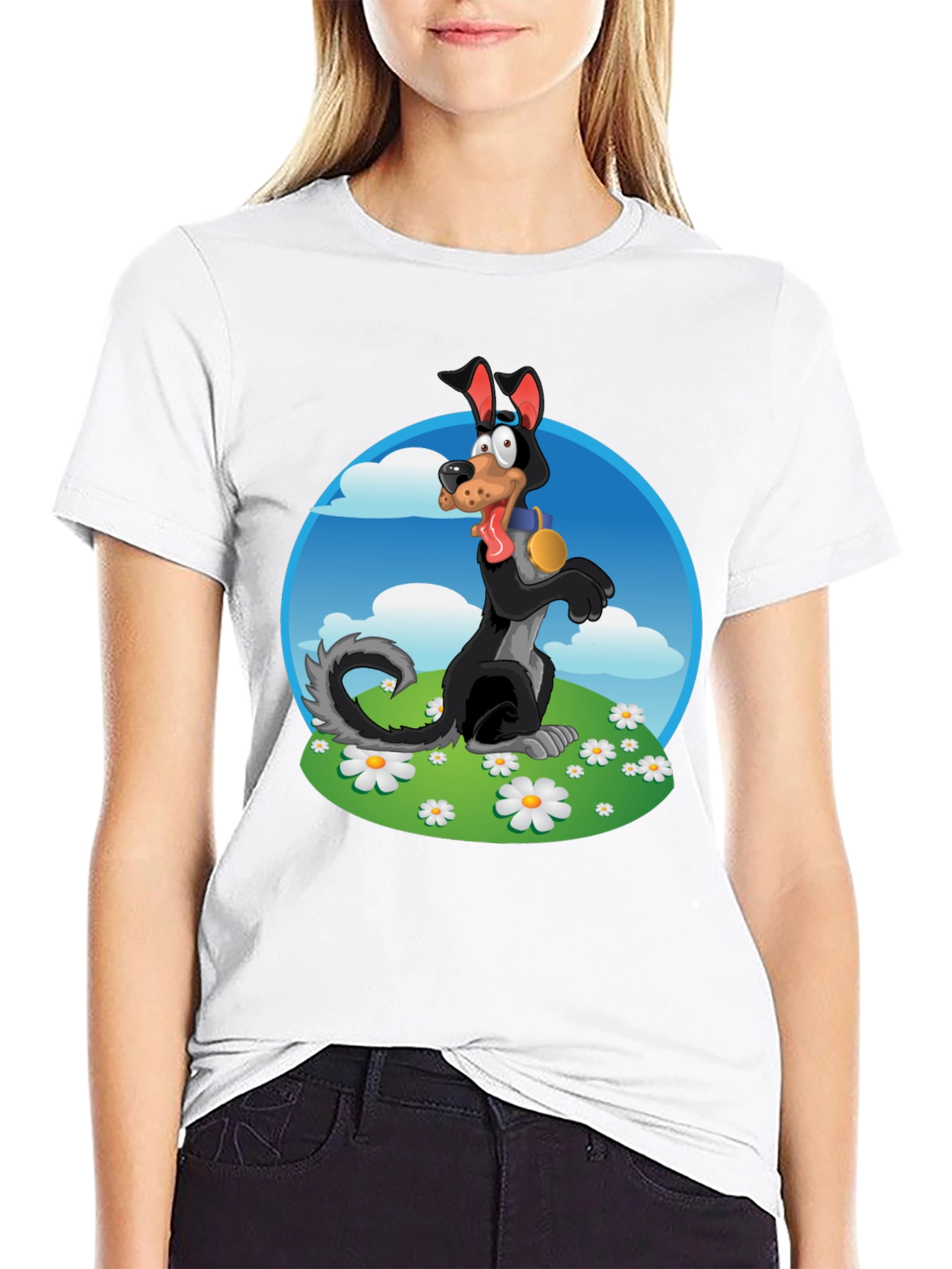 Cartoon Dog Graphic Tee - Black Cotton Blend