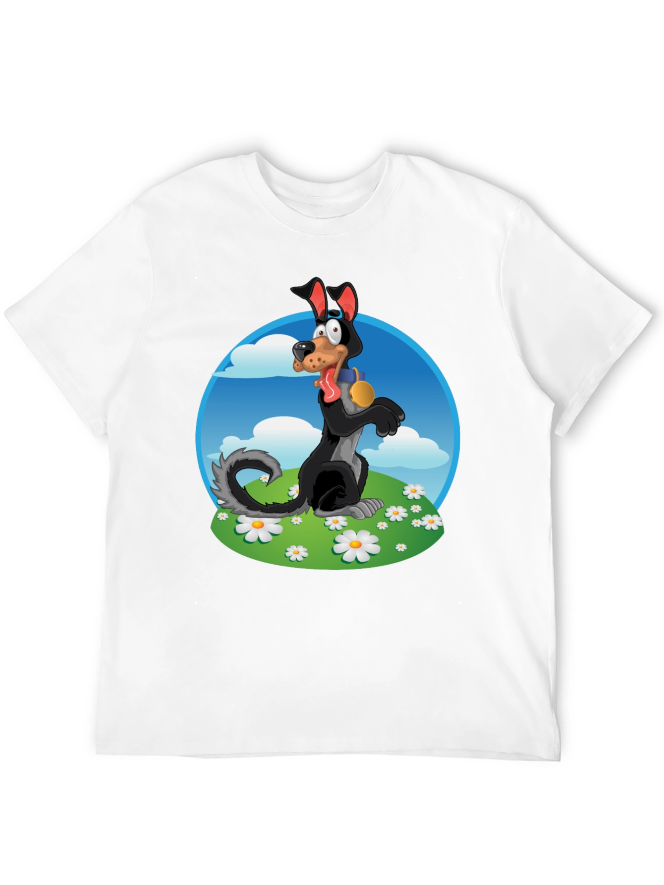 Cartoon Dog Graphic Tee - Black Cotton Blend