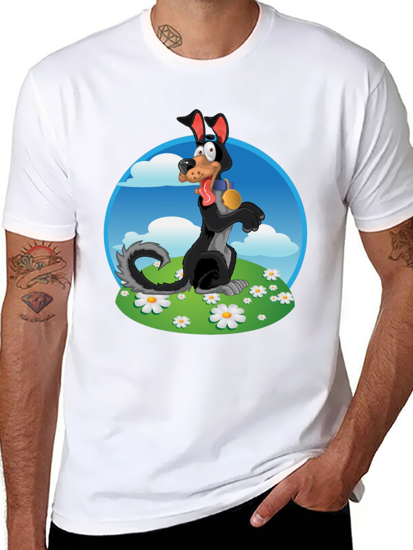Cartoon Dog Graphic Tee - Black Cotton Blend