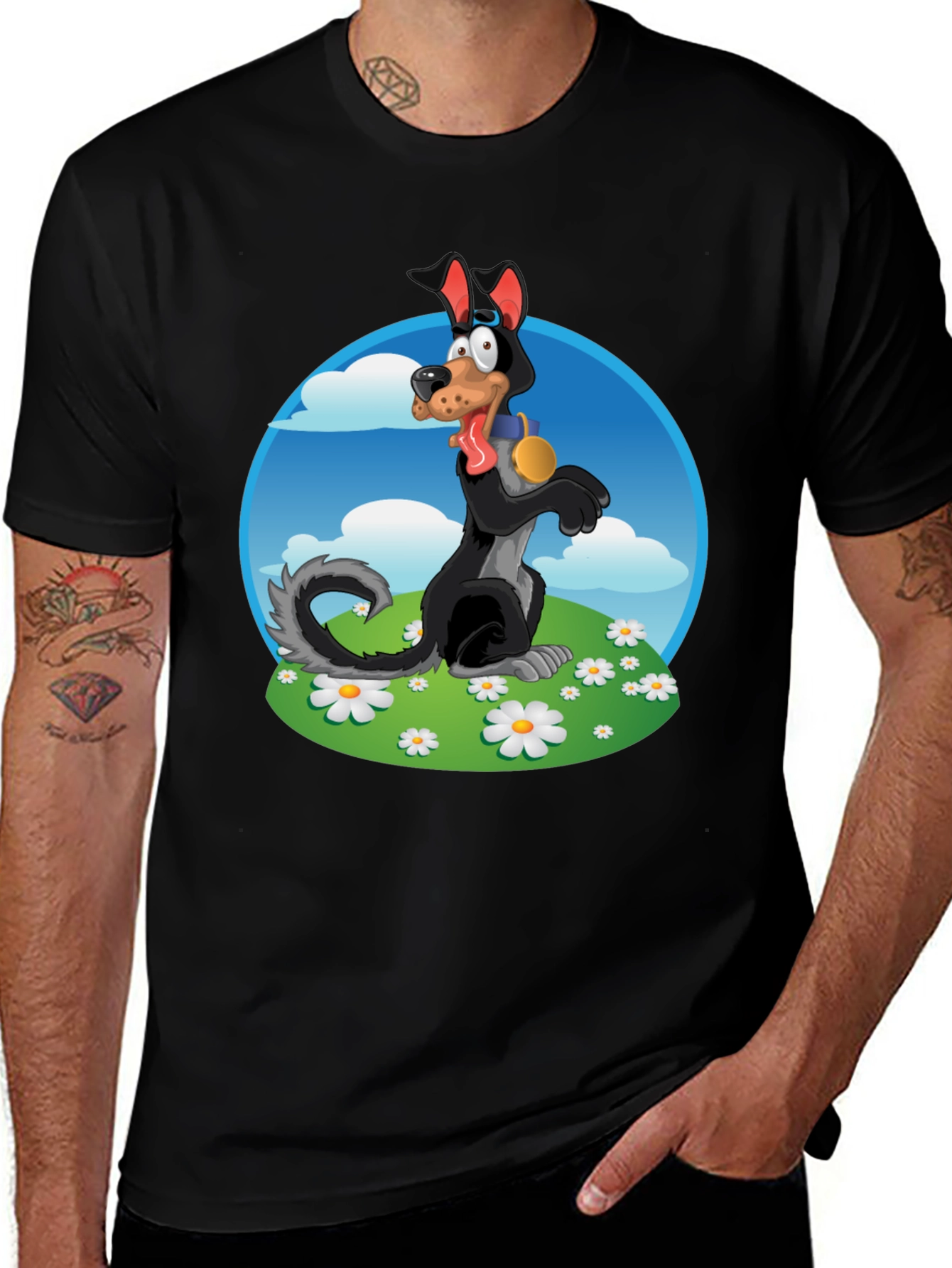Cartoon Dog Graphic Tee - Black Cotton Blend