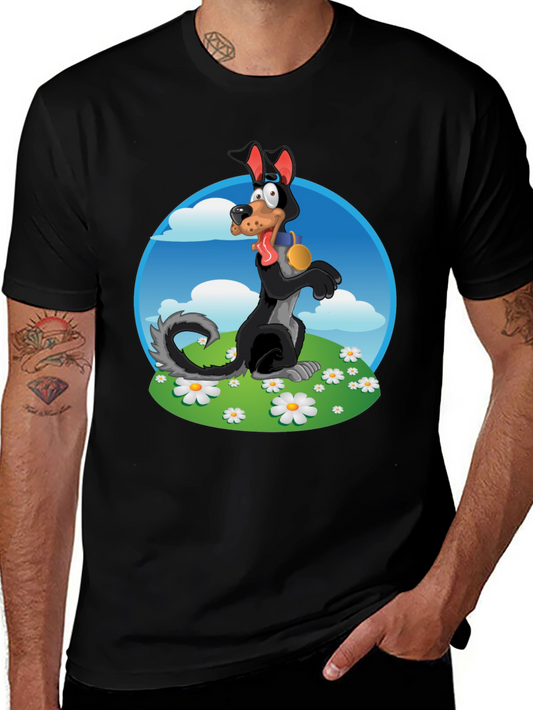 Cartoon Dog Graphic Tee - Black Cotton Blend