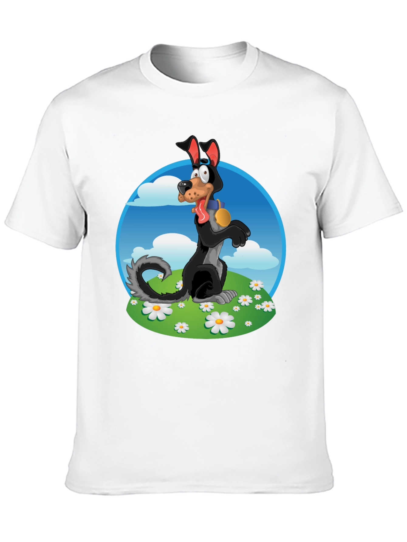 Cartoon Dog Graphic Tee - Black Cotton Blend