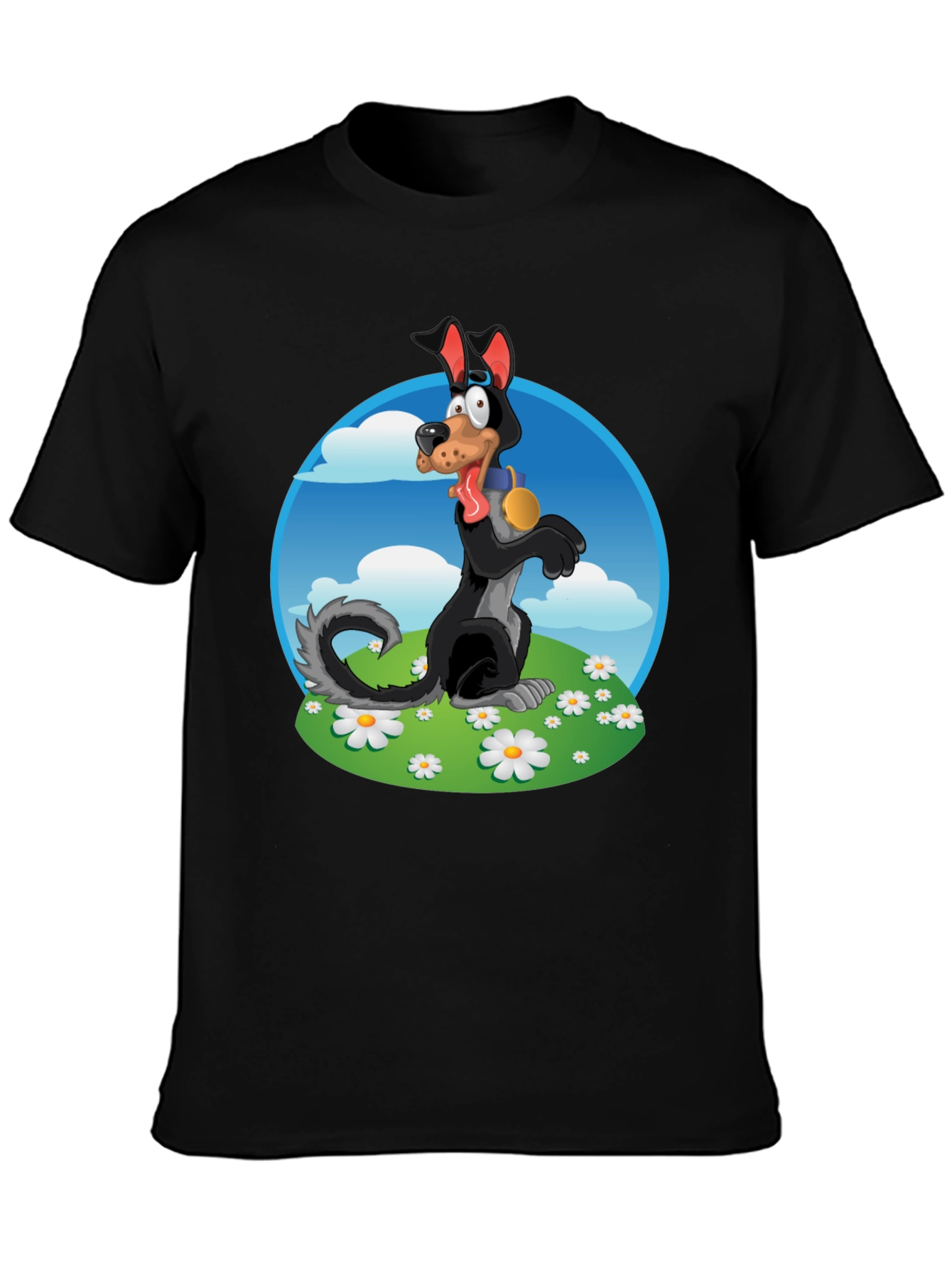 Cartoon Dog Graphic Tee - Black Cotton Blend