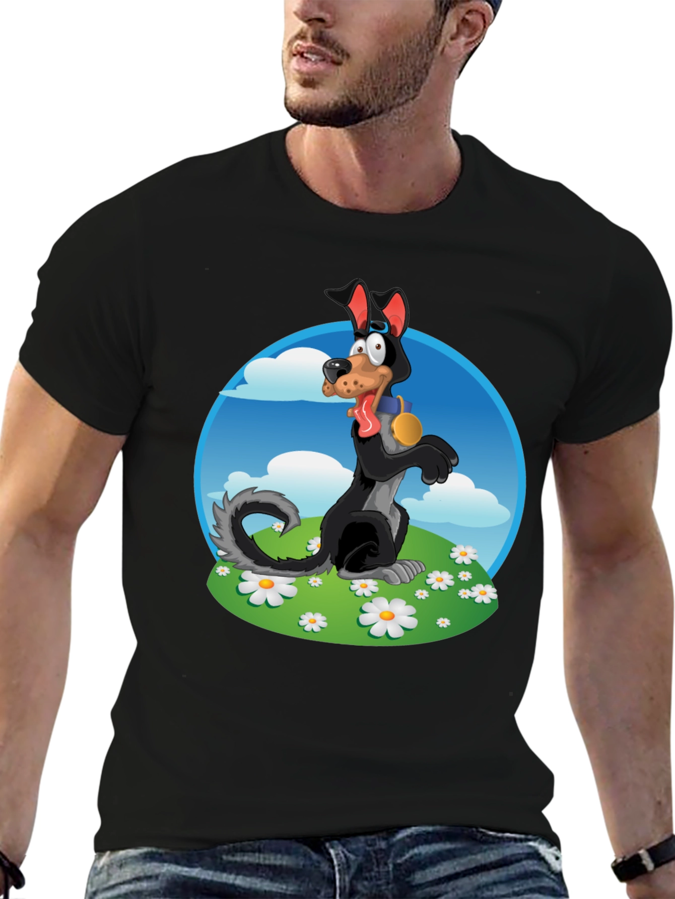 Cartoon Dog Graphic Tee - Black Cotton Blend