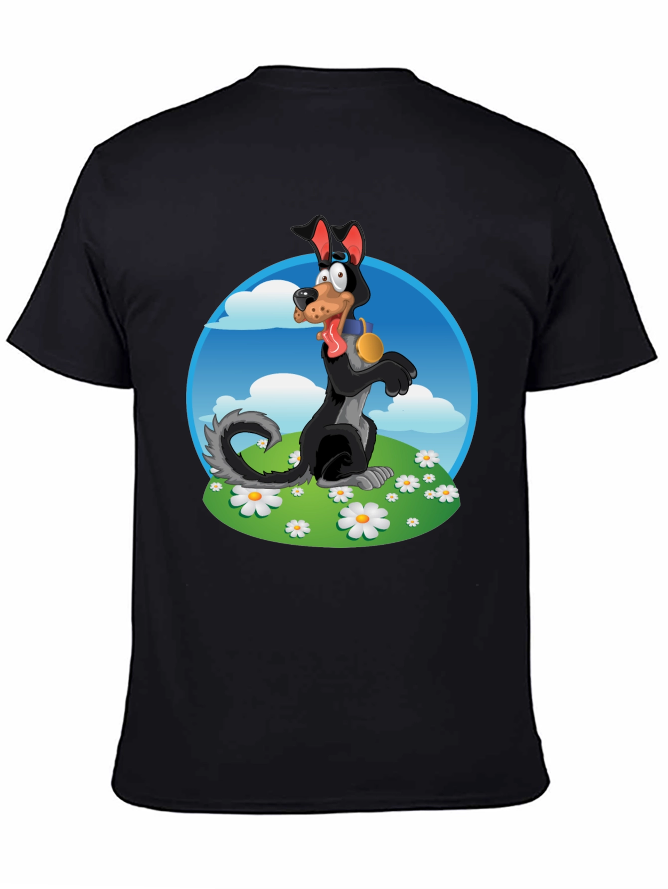 Cartoon Dog Graphic Tee - Black Cotton Blend