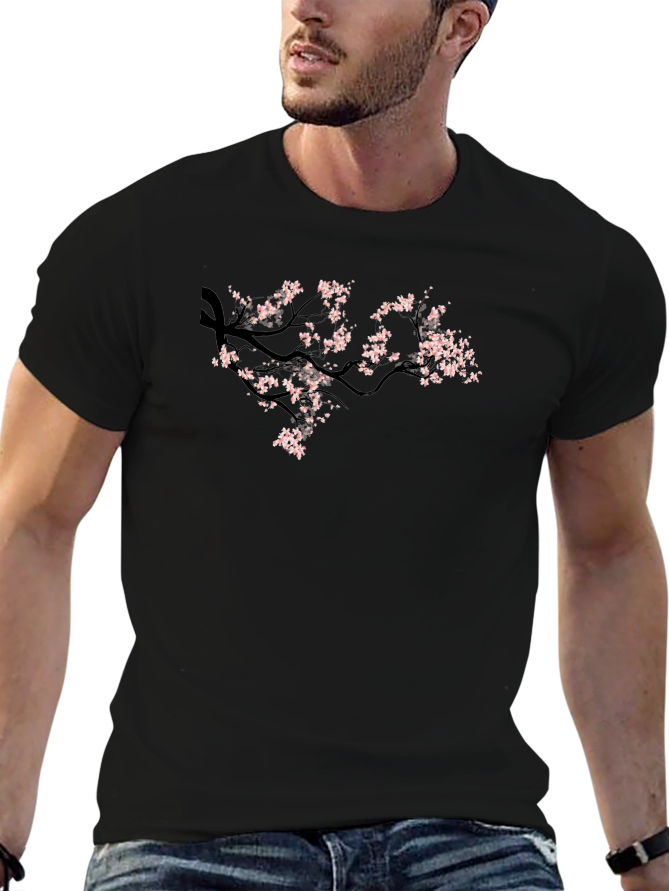 Black Tee with Cherry Blossom Branch Design