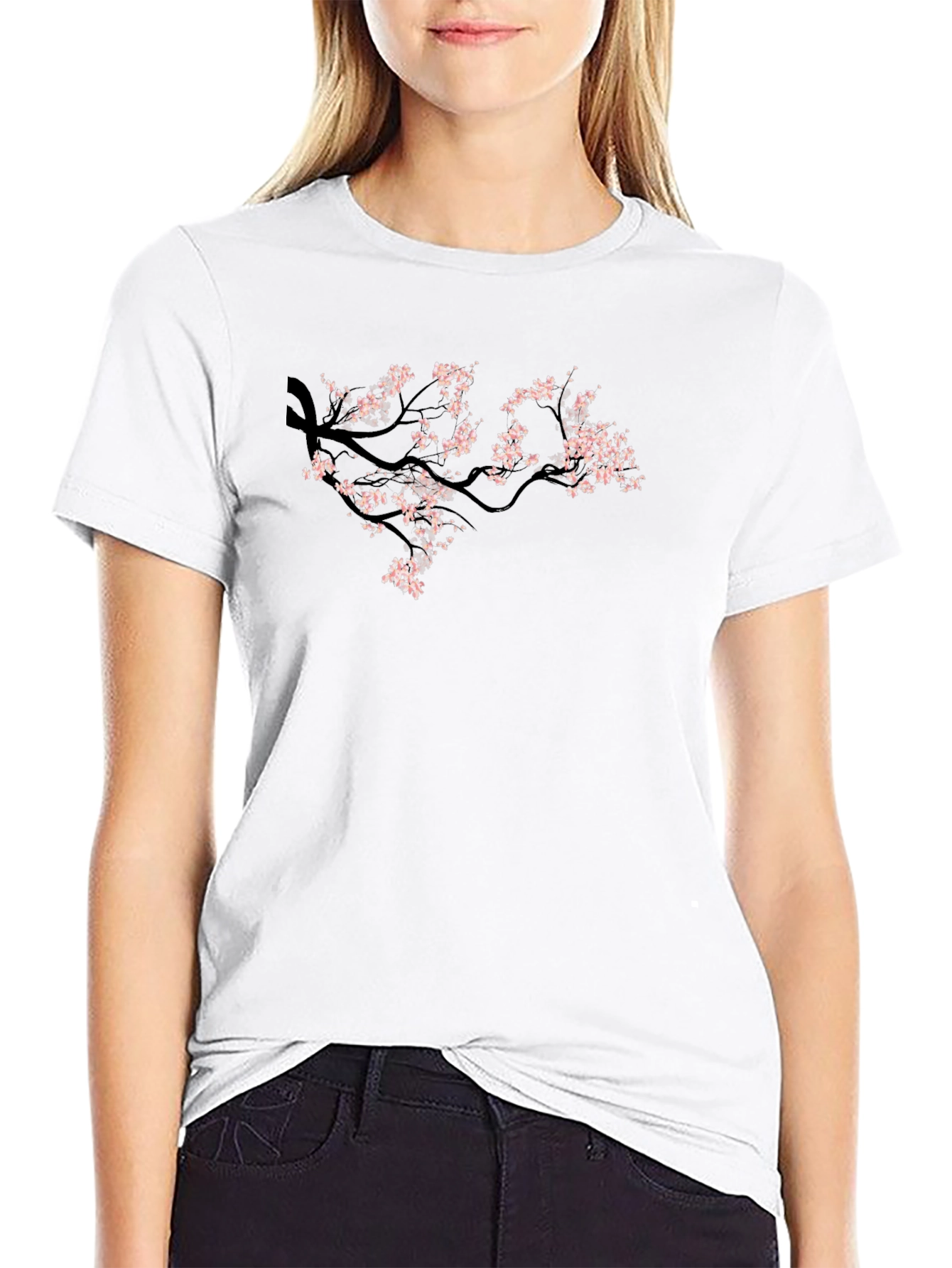 Black Tee with Cherry Blossom Branch Design