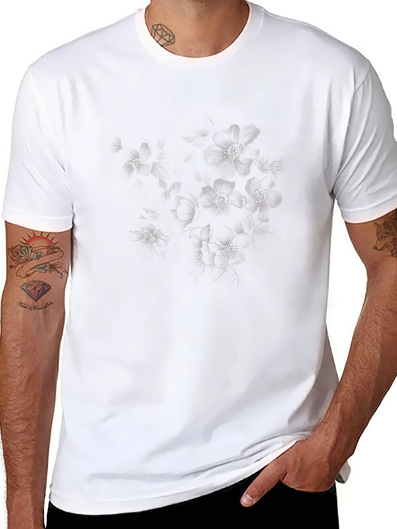Floral Print Black Cotton T-Shirt
