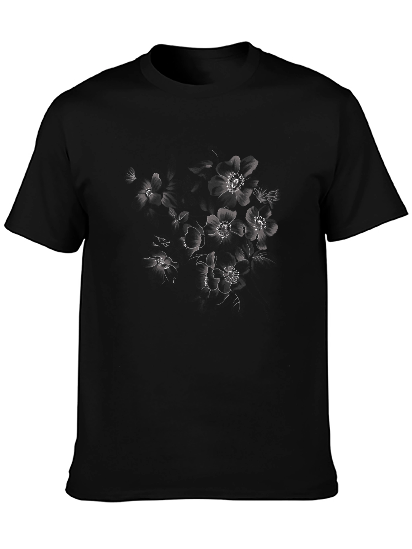 Floral Print Black Cotton T-Shirt