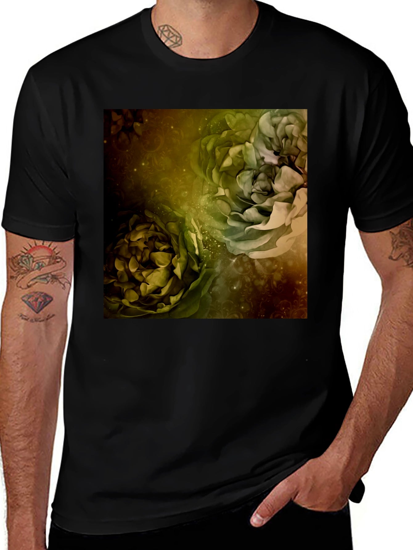 Floral Art Print Black T-Shirt