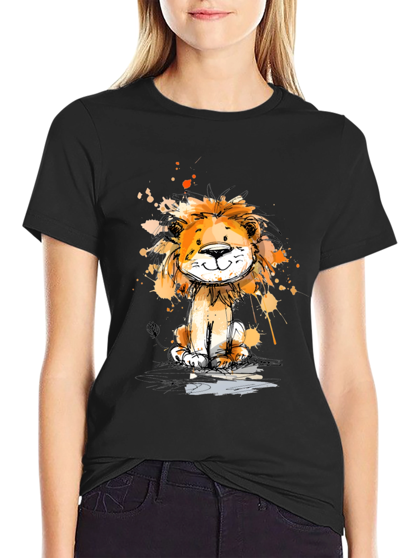 Cute Lion Graphic Print Black T-Shirt