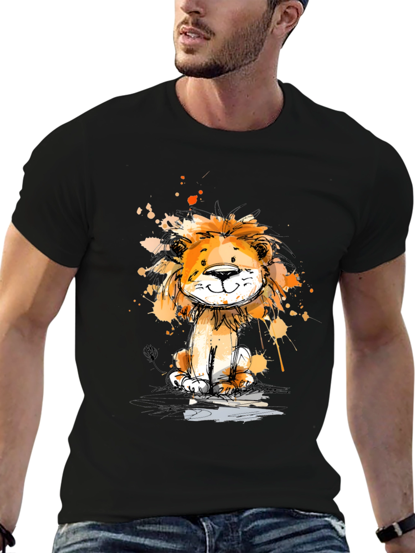 Cute Lion Graphic Print Black T-Shirt