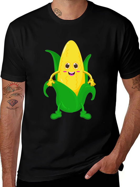 Funny Corn Cartoon Graphic Tee - Black Cotton T-Shirt