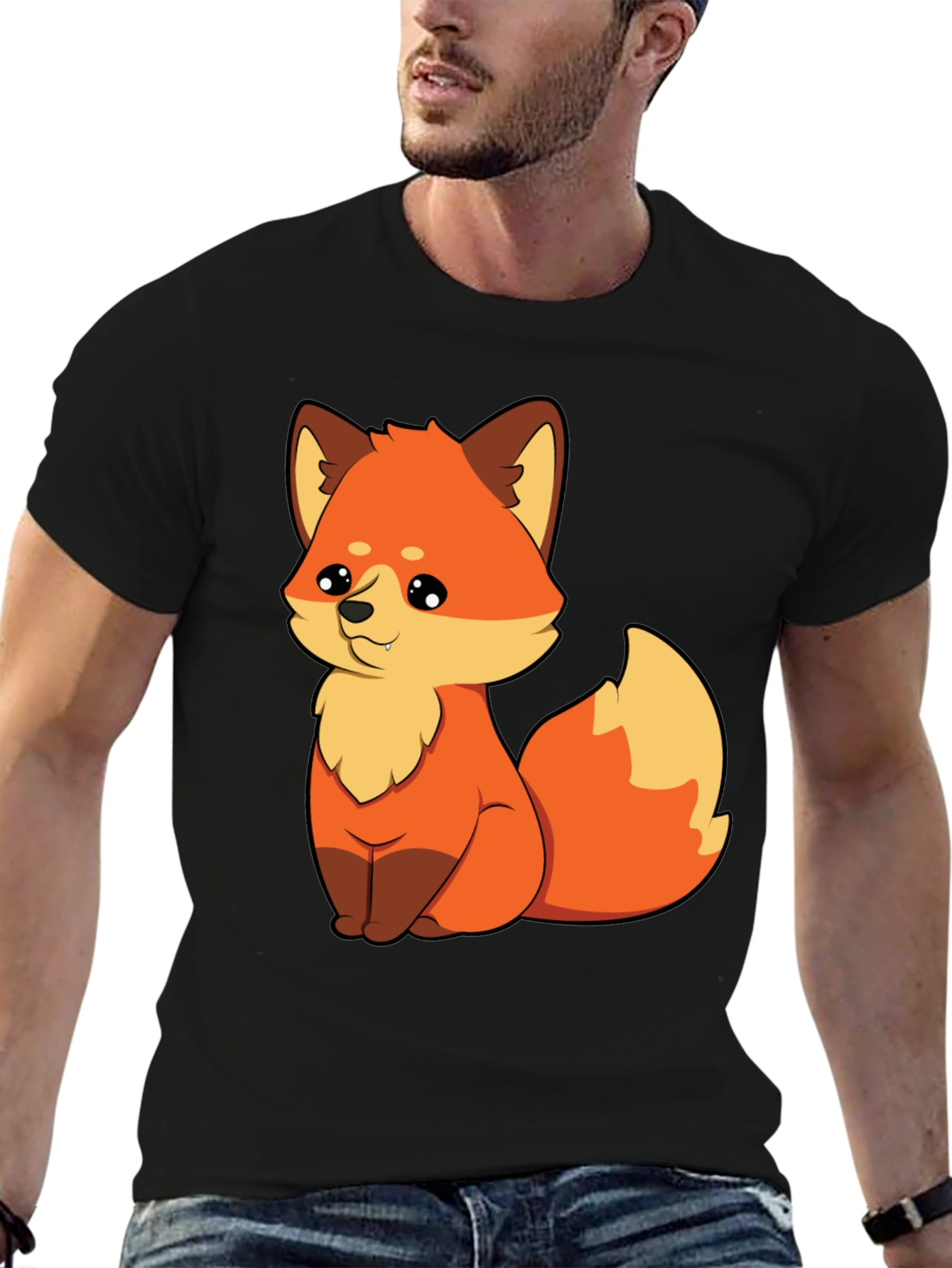 Cute Cartoon Fox Graphic Tee - Unisex Black T-Shirt