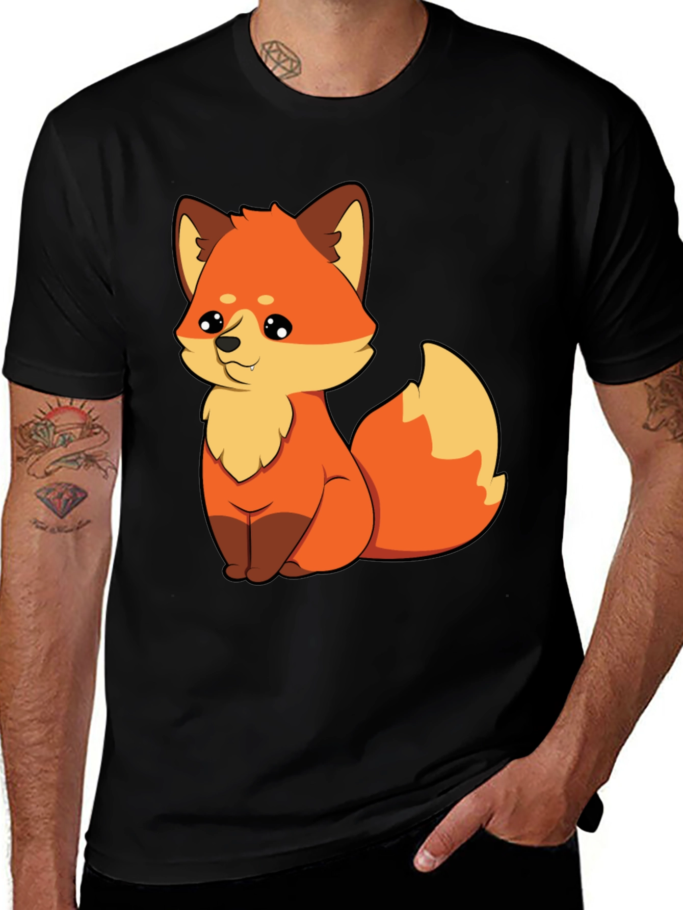 Cute Cartoon Fox Graphic Tee - Unisex Black T-Shirt