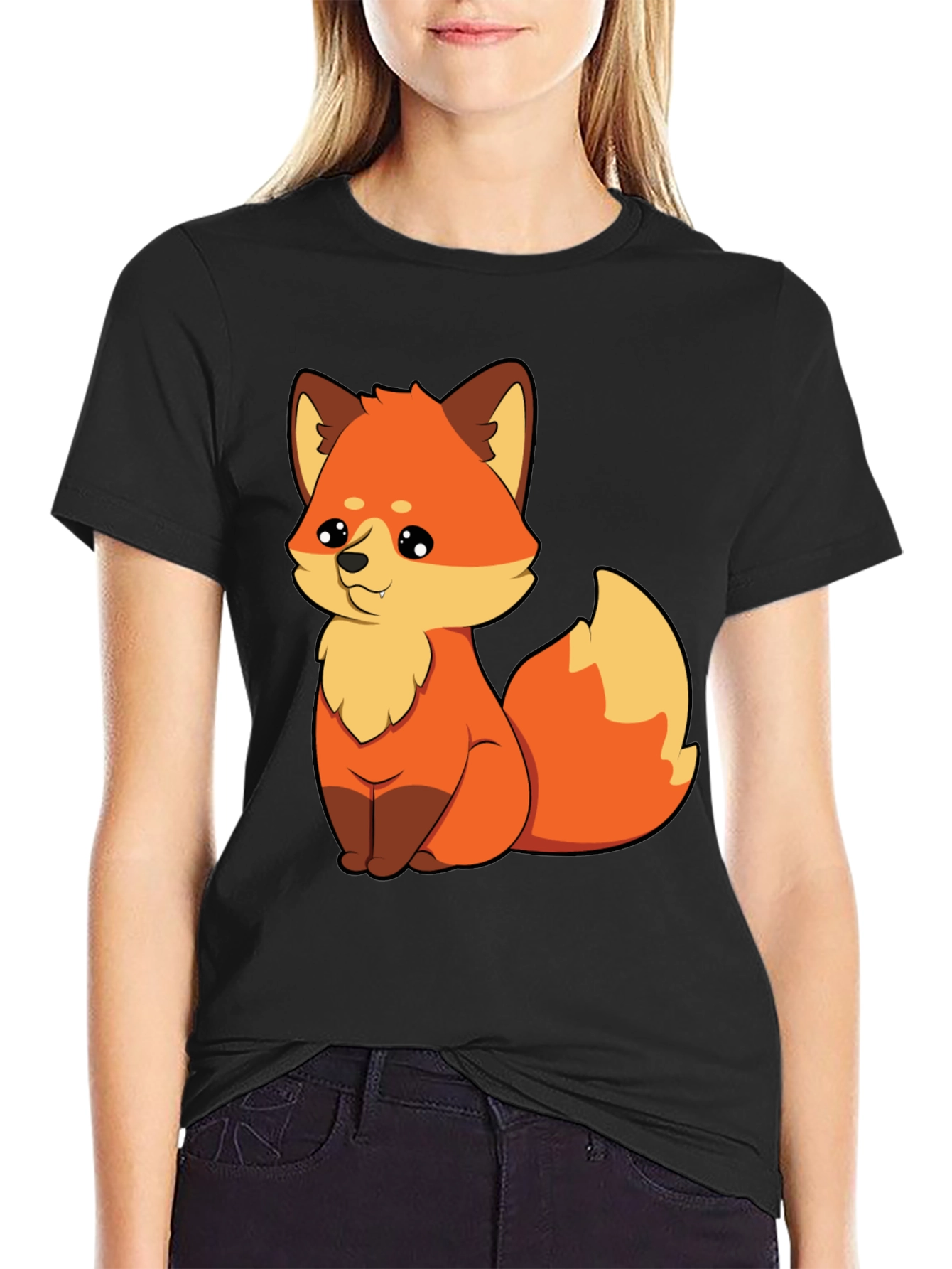 Cute Cartoon Fox Graphic Tee - Unisex Black T-Shirt