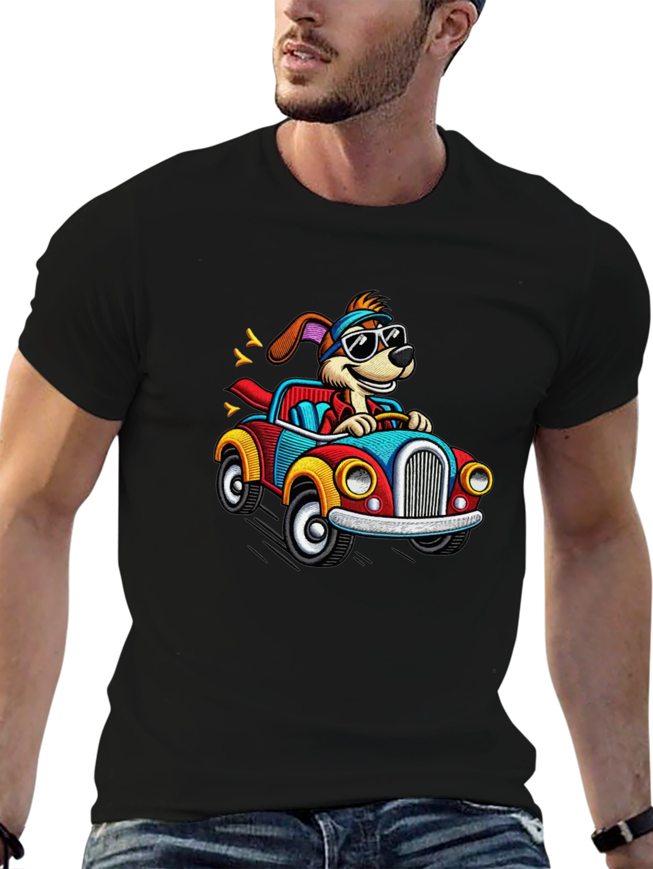 Cartoon Dog Driving a Car Graphic Tee