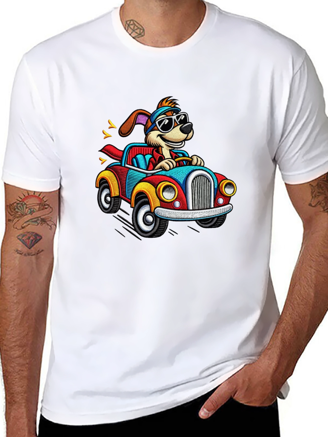 Cartoon Dog Driving a Car Graphic Tee
