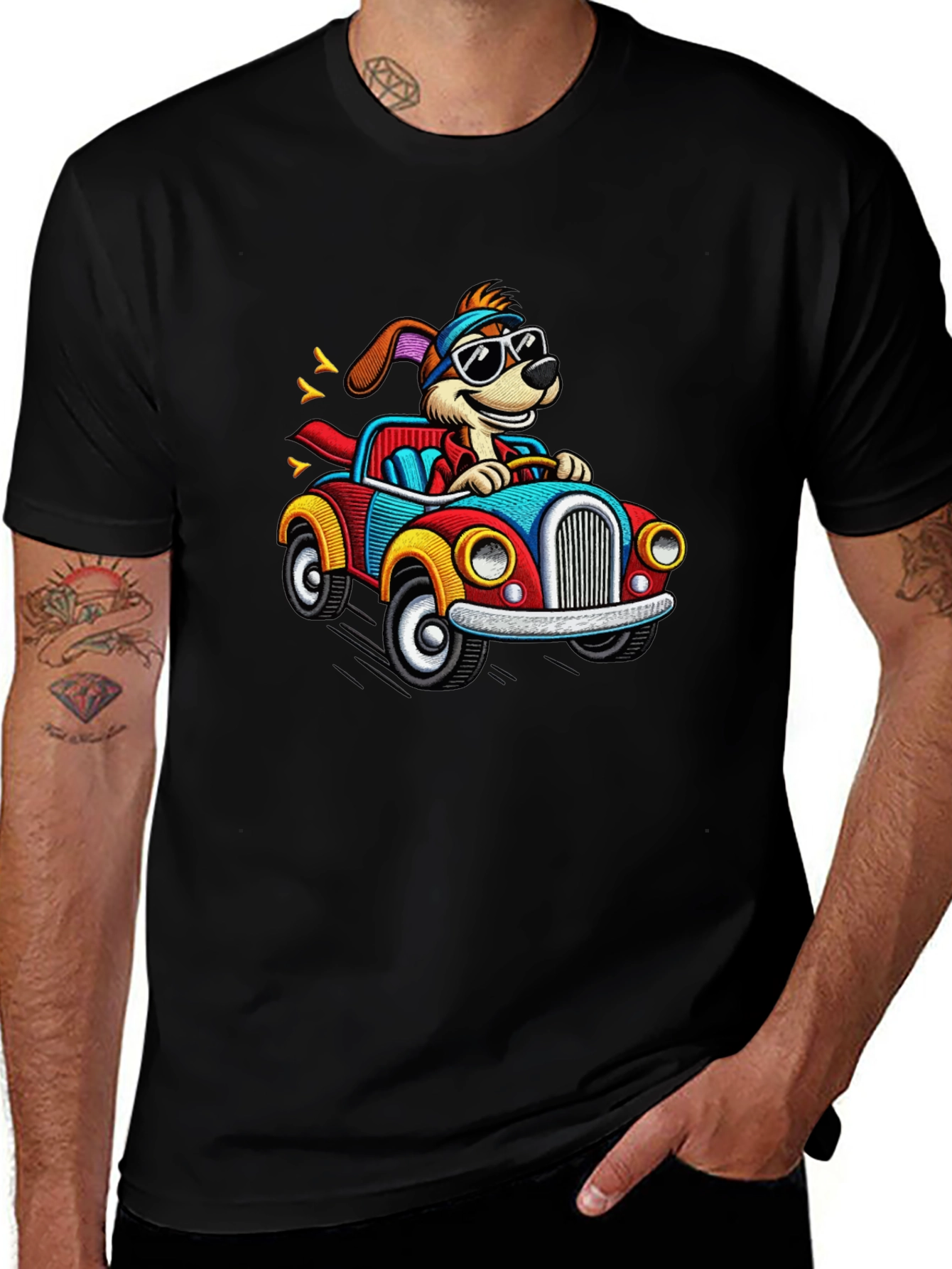 Cartoon Dog Driving a Car Graphic Tee