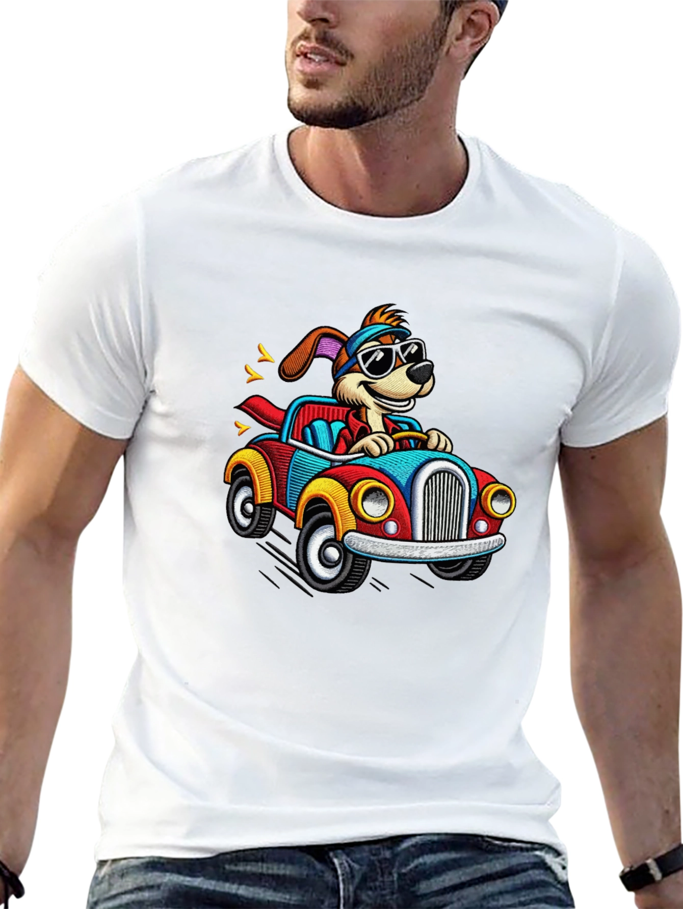Cartoon Dog Driving a Car Graphic Tee