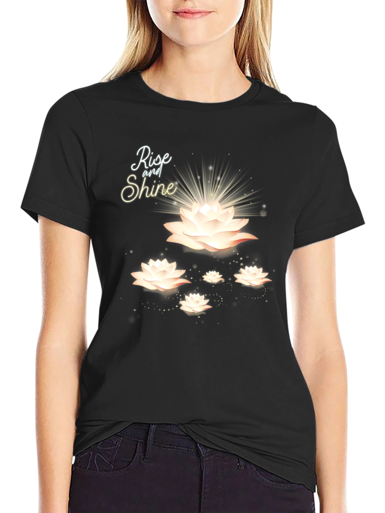 Rise and Shine Lotus Flower Black T-Shirt
