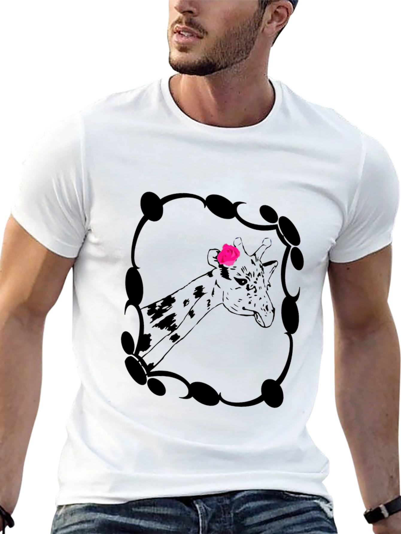 Giraffe Rose Graphic Tee - Stylish Mens Black T-Shirt