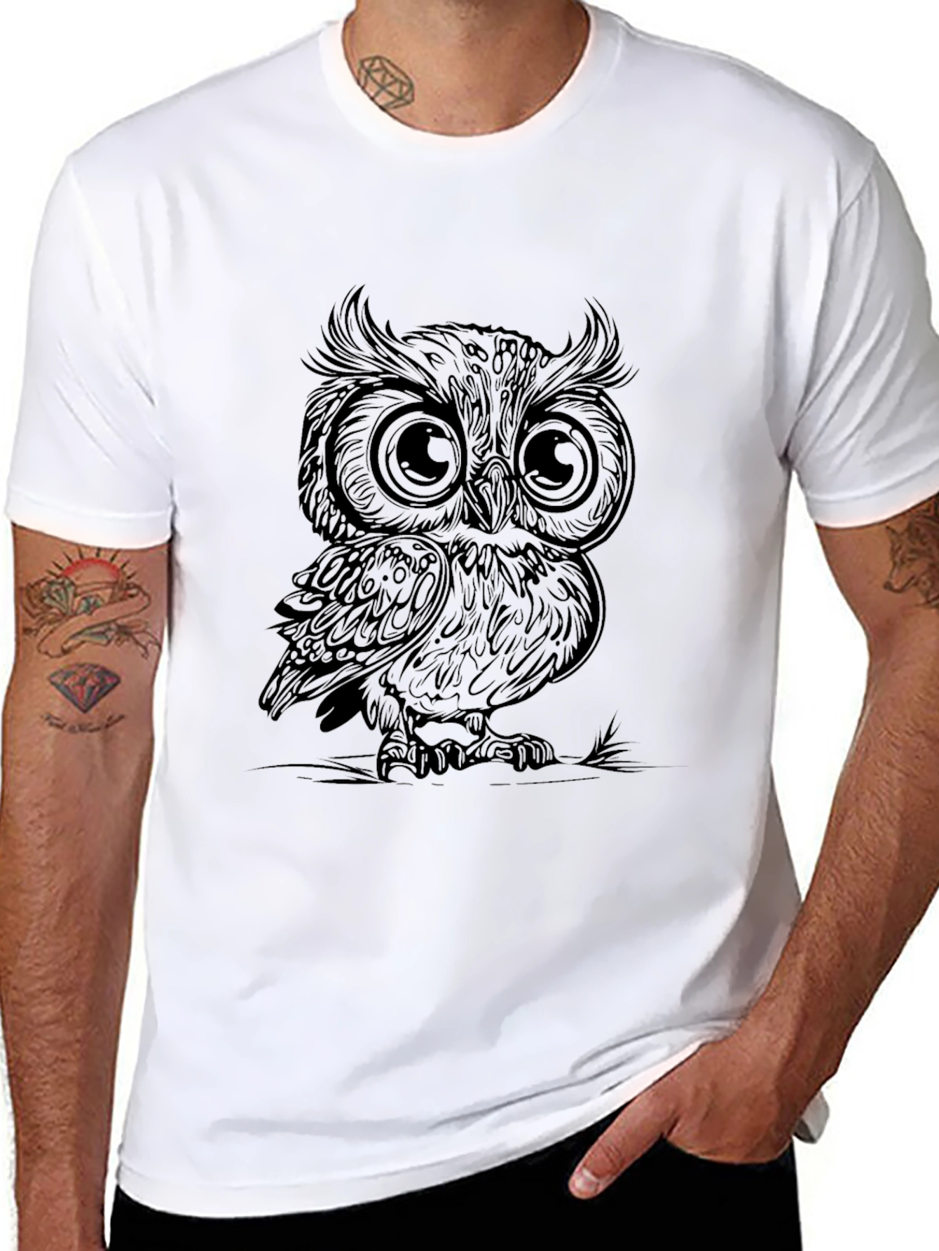 Owl Graphic Print Mens Black T-Shirt