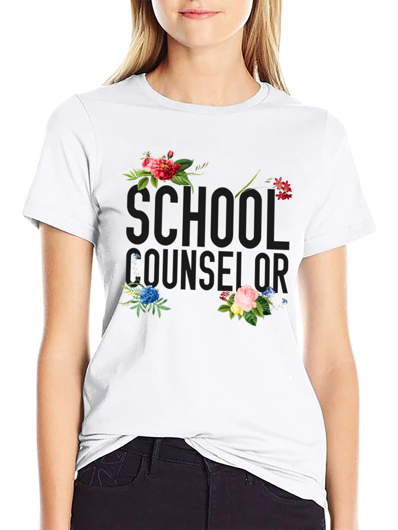 Floral School Counselor Black T-Shirt