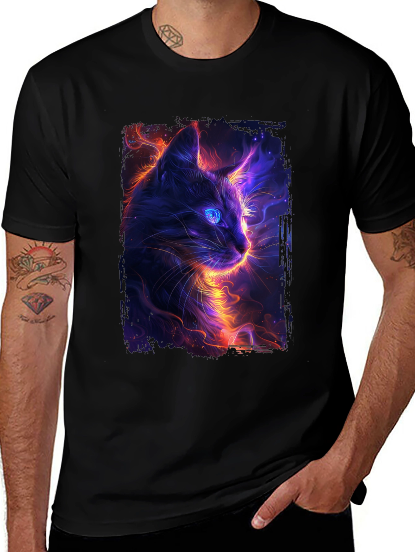 Neon Cat Graphic Black T-Shirt
