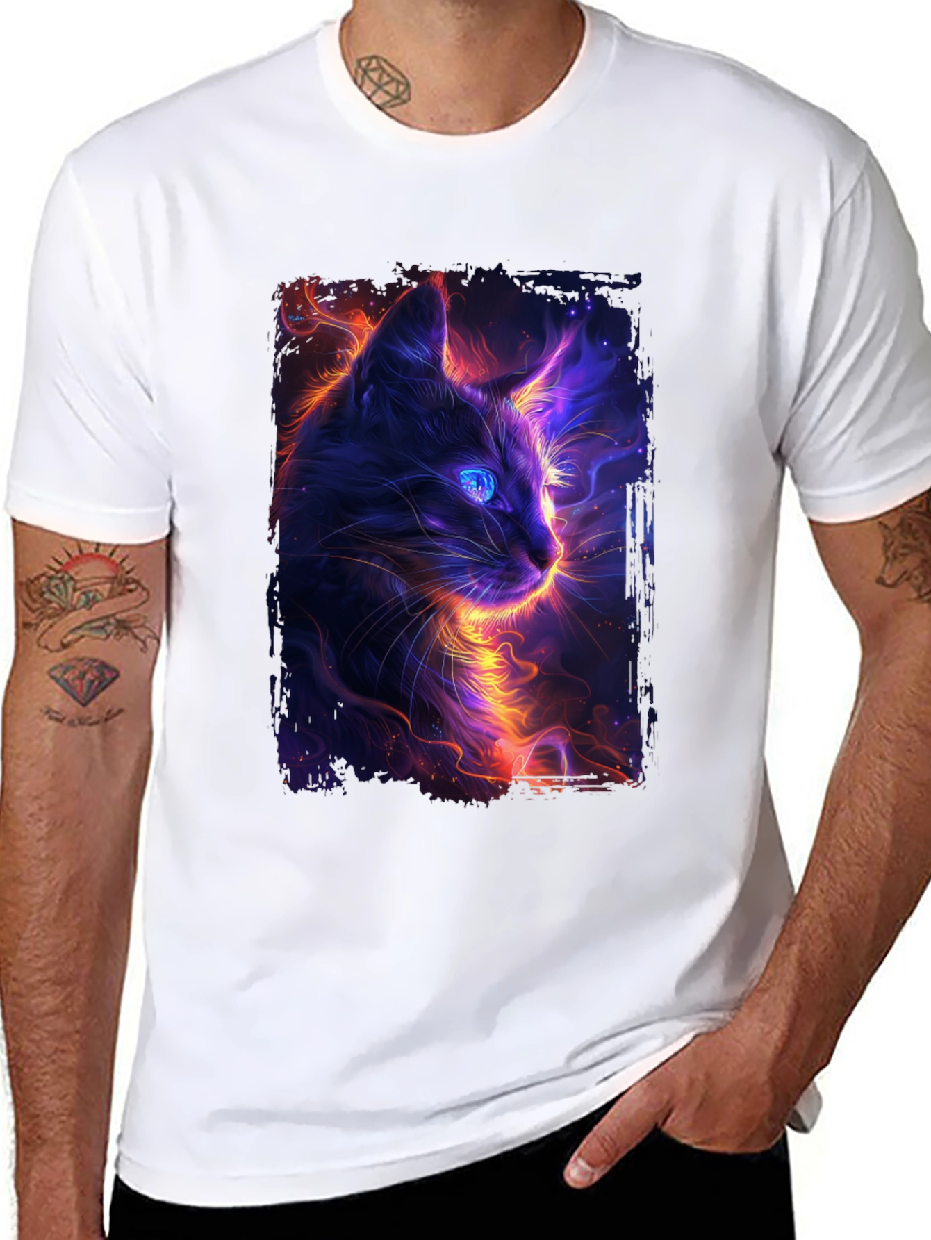 Neon Cat Graphic Black T-Shirt
