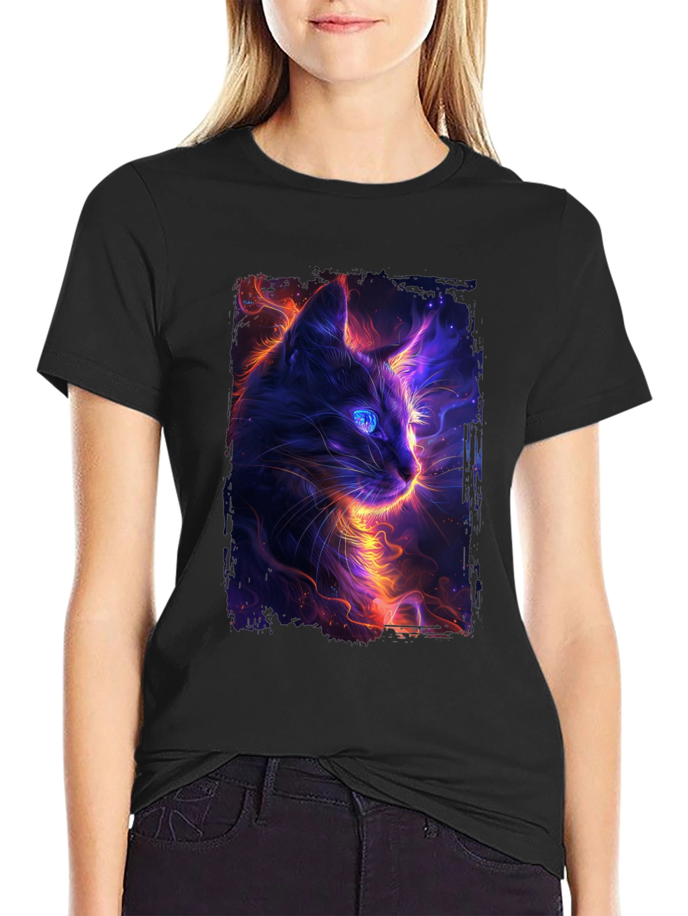 Neon Cat Graphic Black T-Shirt