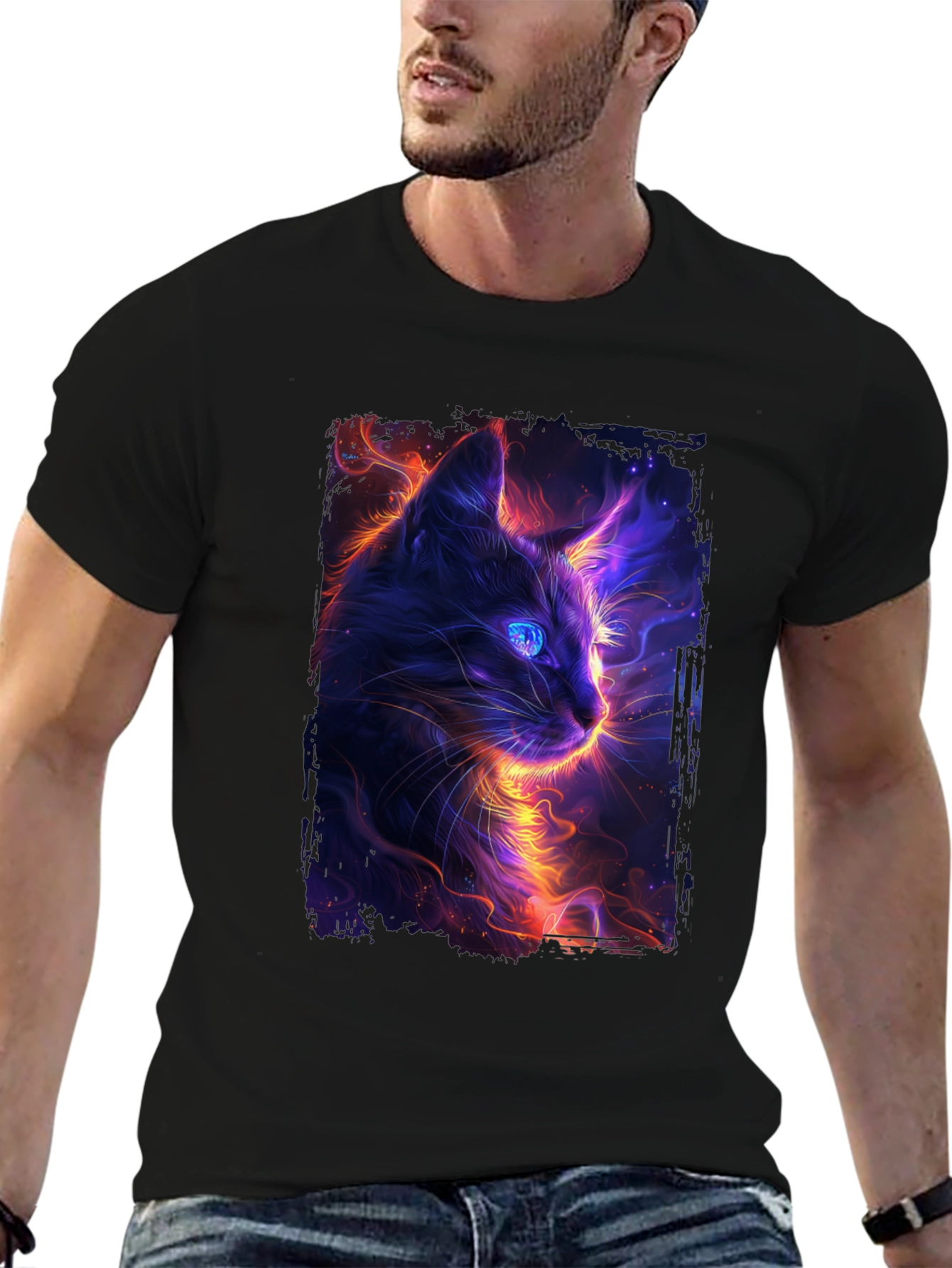Neon Cat Graphic Black T-Shirt