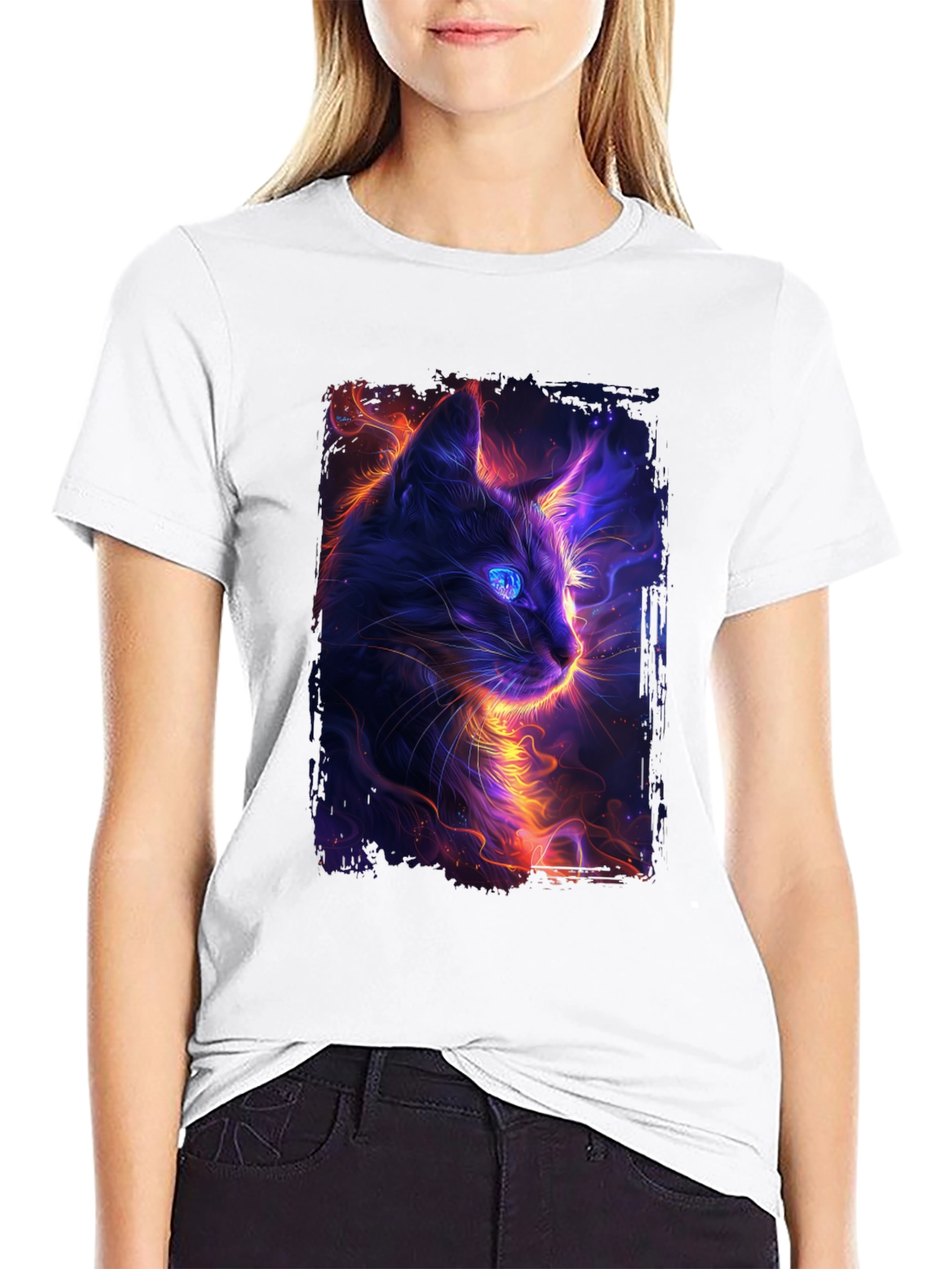 Neon Cat Graphic Black T-Shirt