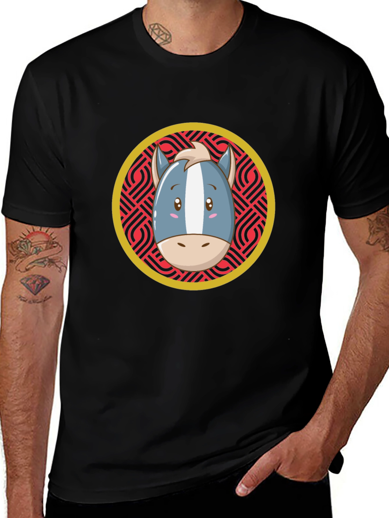 Cartoon Horse Graphic Tee - Black T-Shirt