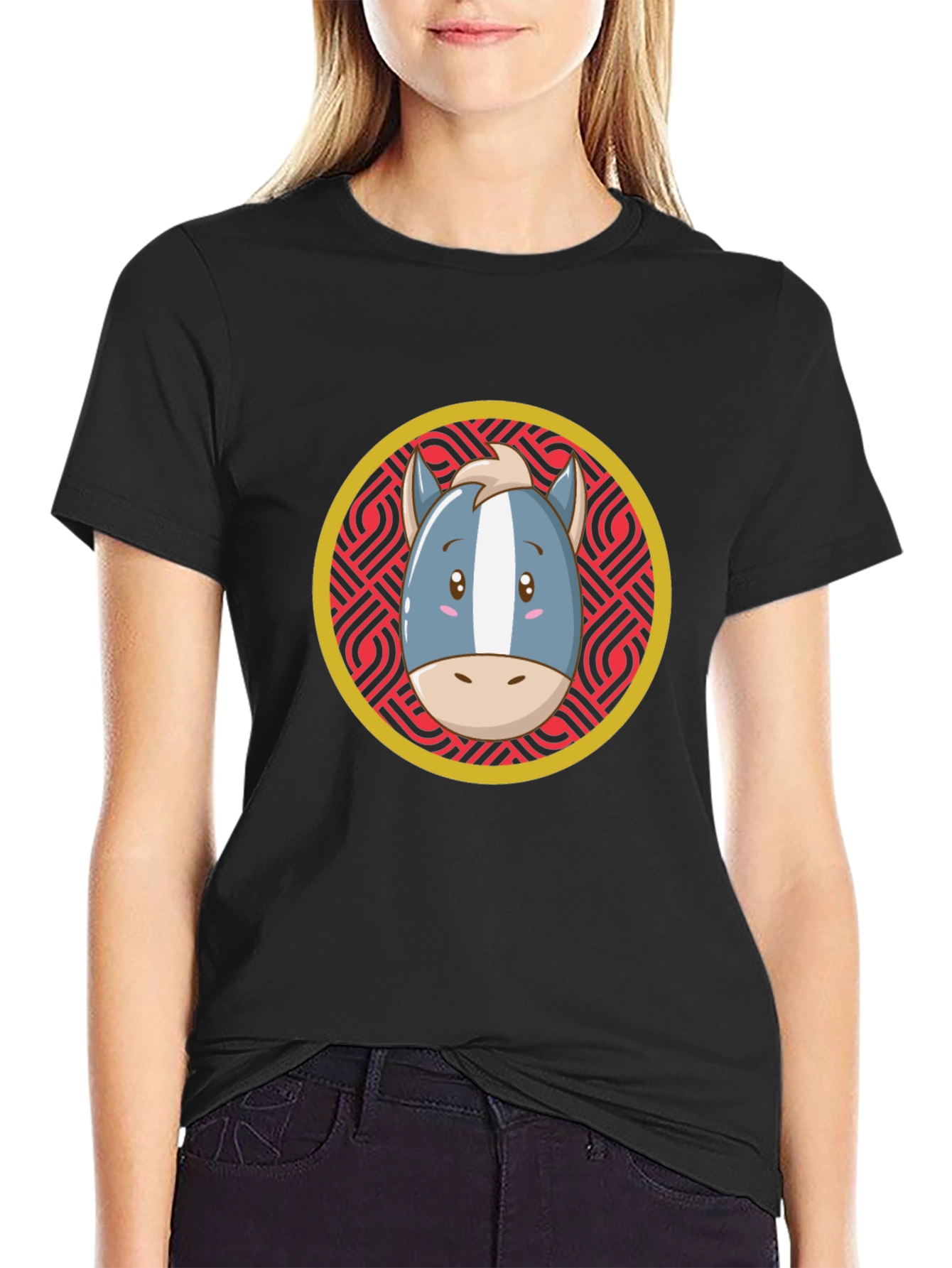 Cartoon Horse Graphic Tee - Black T-Shirt
