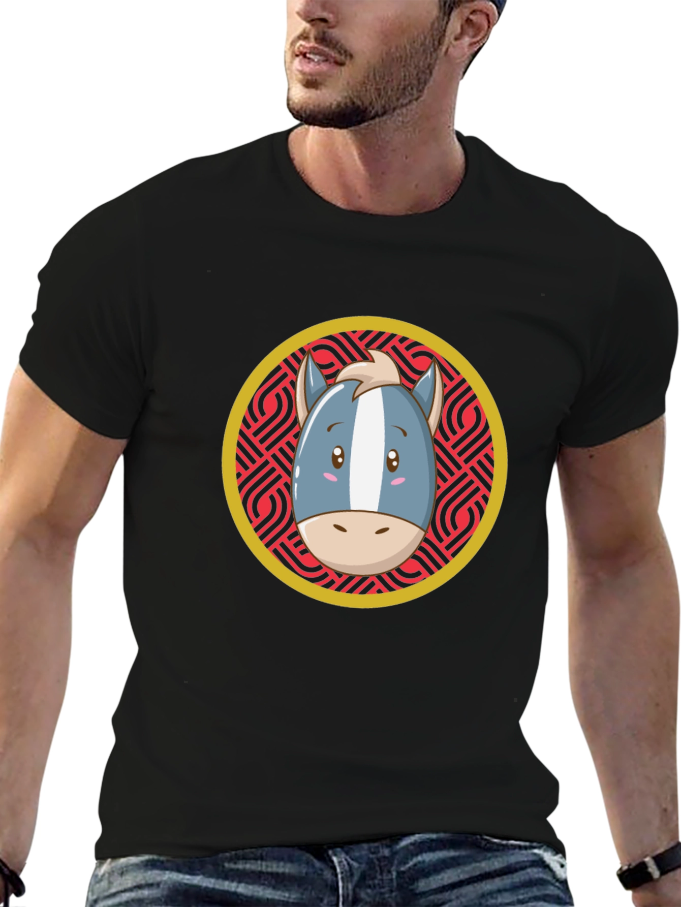 Cartoon Horse Graphic Tee - Black T-Shirt