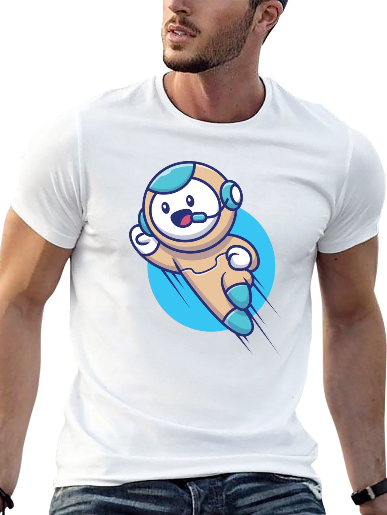 Cartoon Astronaut T-Shirt - Black Cotton Blend