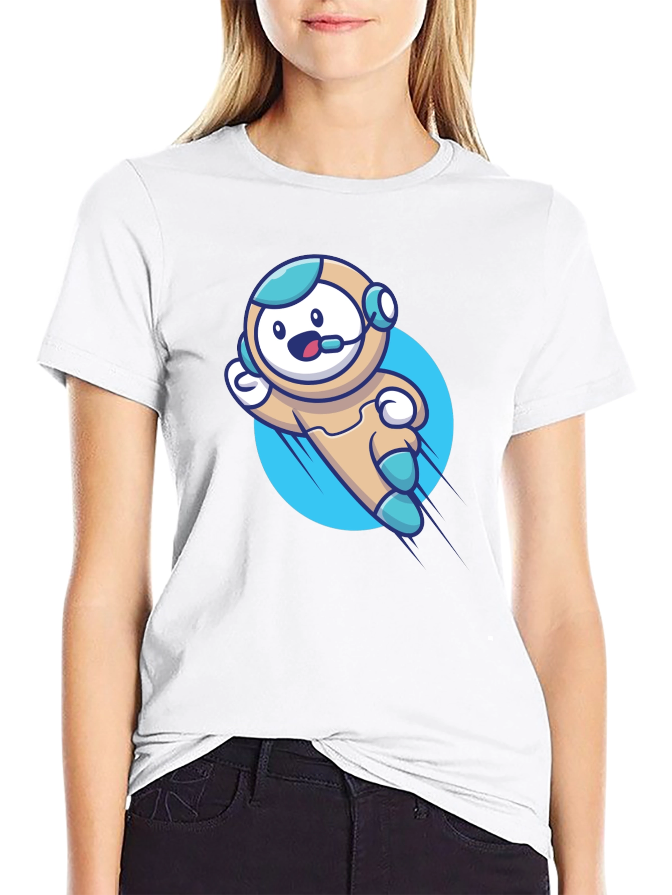 Cartoon Astronaut T-Shirt - Black Cotton Blend
