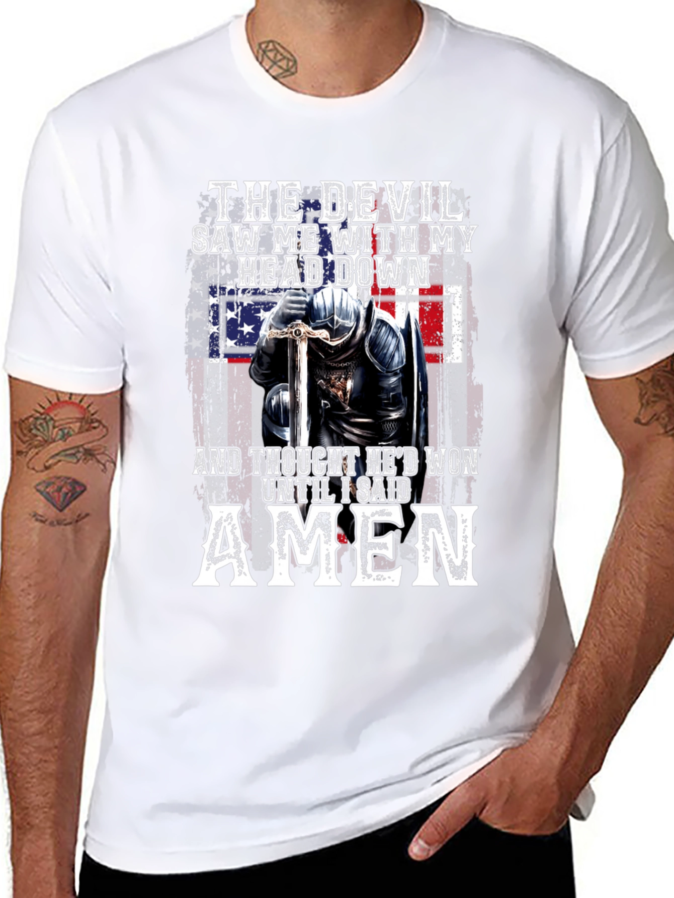 The Devil T-Shirt Amen Knight USA Flag Graphic Tee