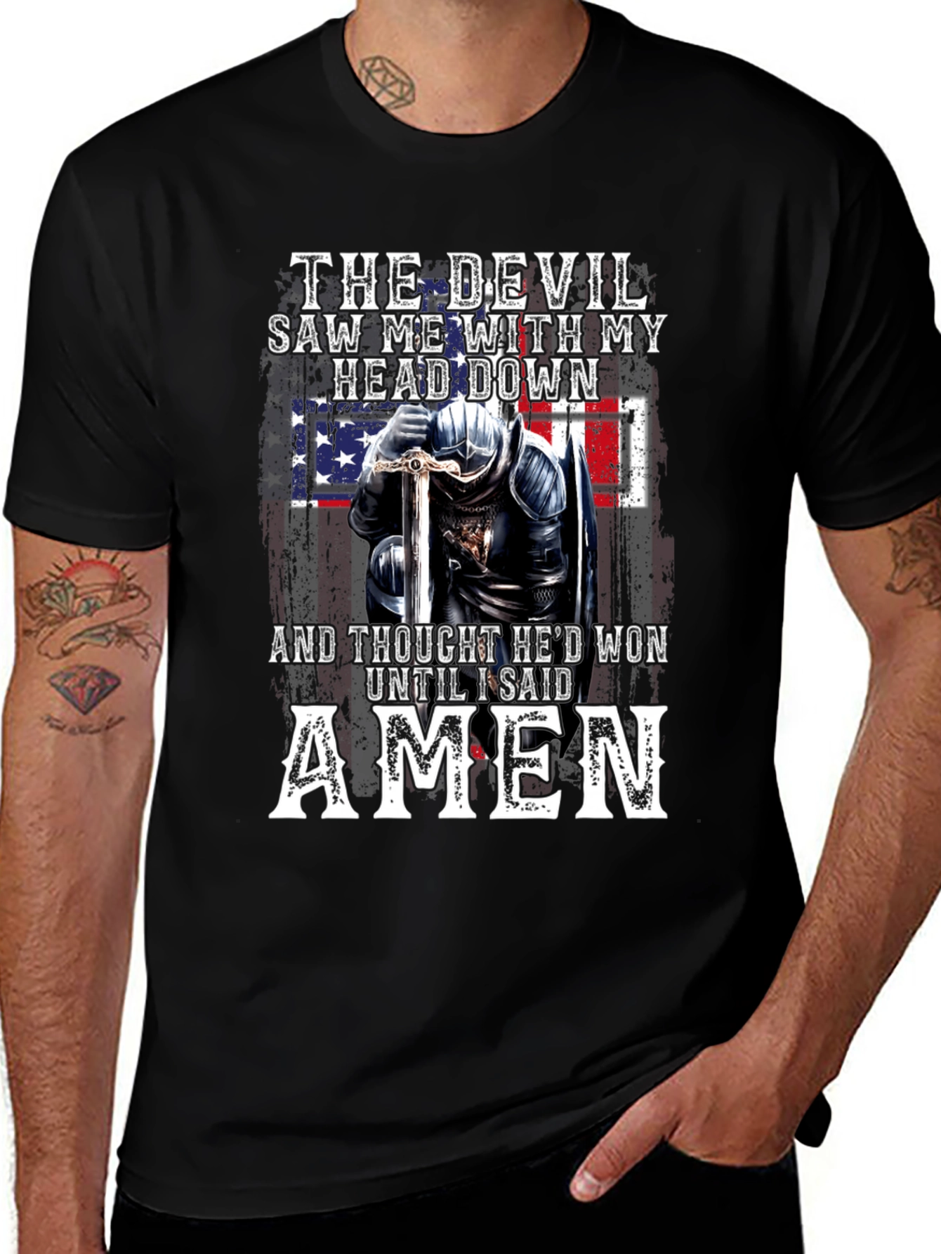 The Devil T-Shirt Amen Knight USA Flag Graphic Tee