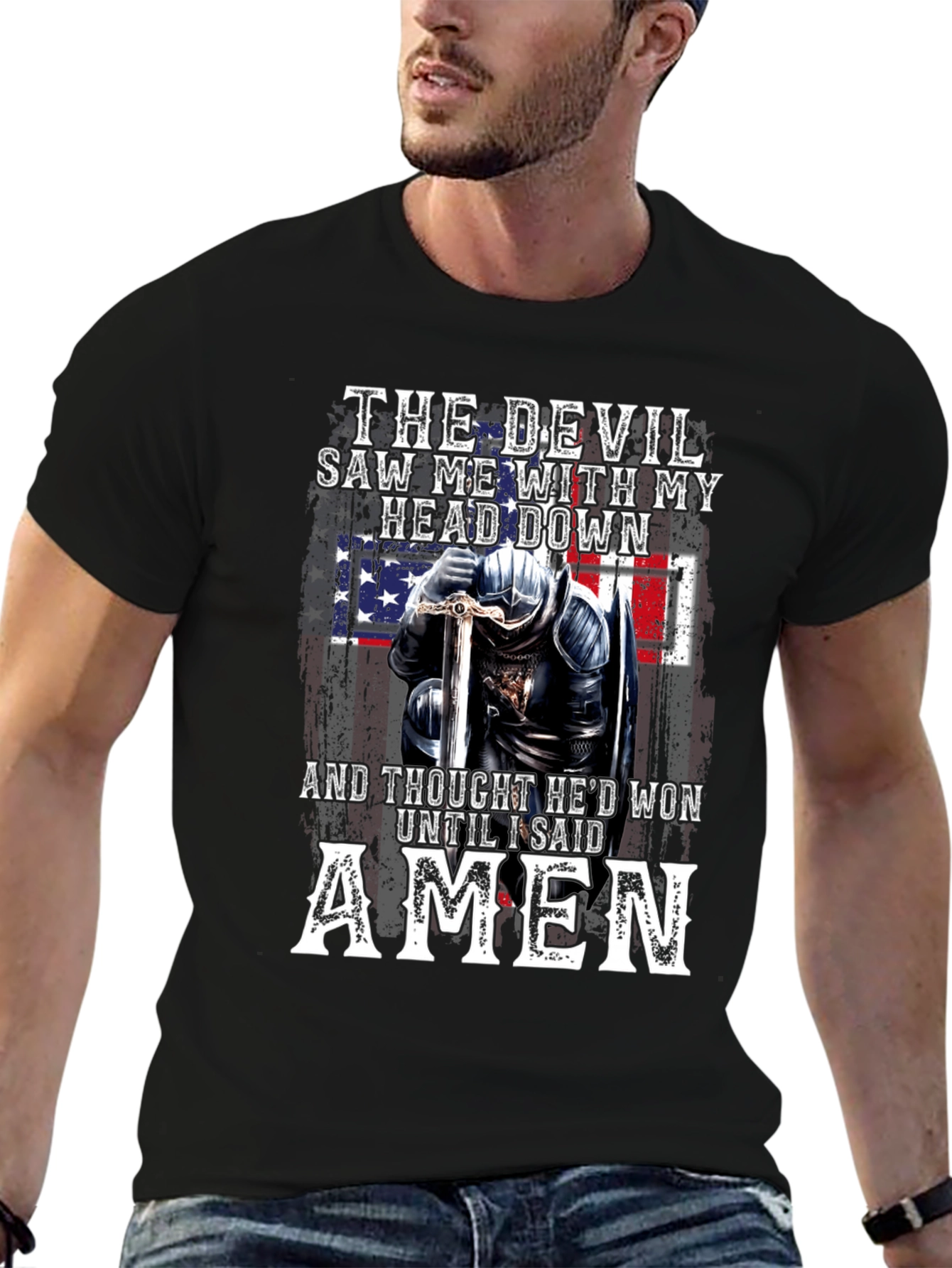 The Devil T-Shirt Amen Knight USA Flag Graphic Tee