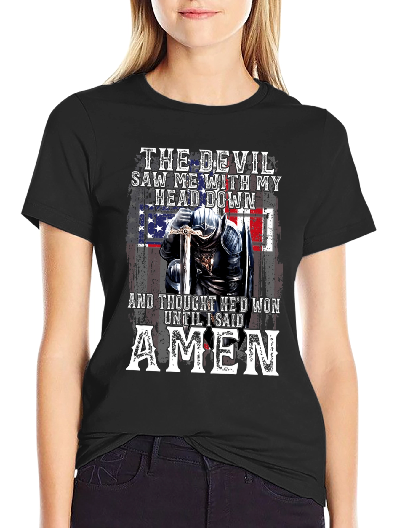 The Devil T-Shirt Amen Knight USA Flag Graphic Tee